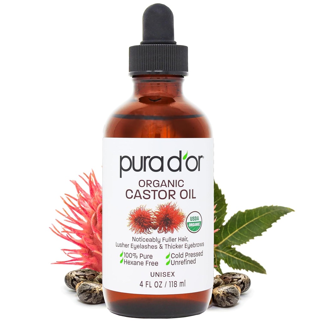 PURA D'OR 4 Oz ORGANIC Castor Olje - 100% ren USDA Certified Cold Pressed, Hexan Free Eyelash & Eyebrrow Serum - For Fuller, Thicker Lashes & Brows - Hud & Hår
