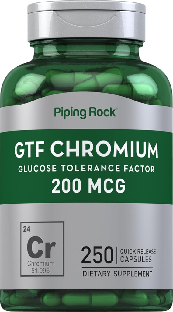Piping Rock GTF-krom 200 mikrog | 250 Kapsler | Glucose Tolerance Factor Supplement | Ikke-GMO & Glutenfri