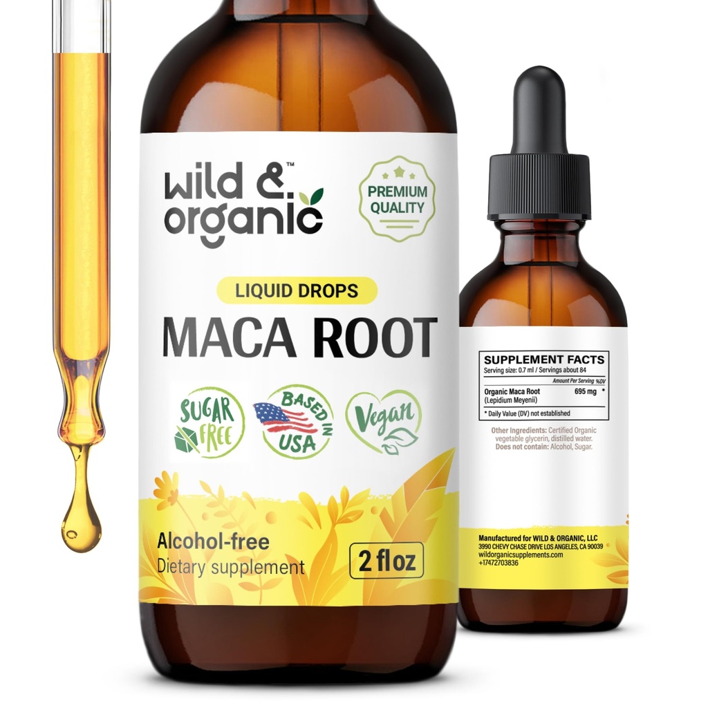Wild & Organic Maca Root Drops For Kvinner & Menn - Mood, Fokus, Aktiv livsstil - Peruansk Maca Supplement - Vegansk, Sukker & alkoholfri Tinktur - 2 fl oz