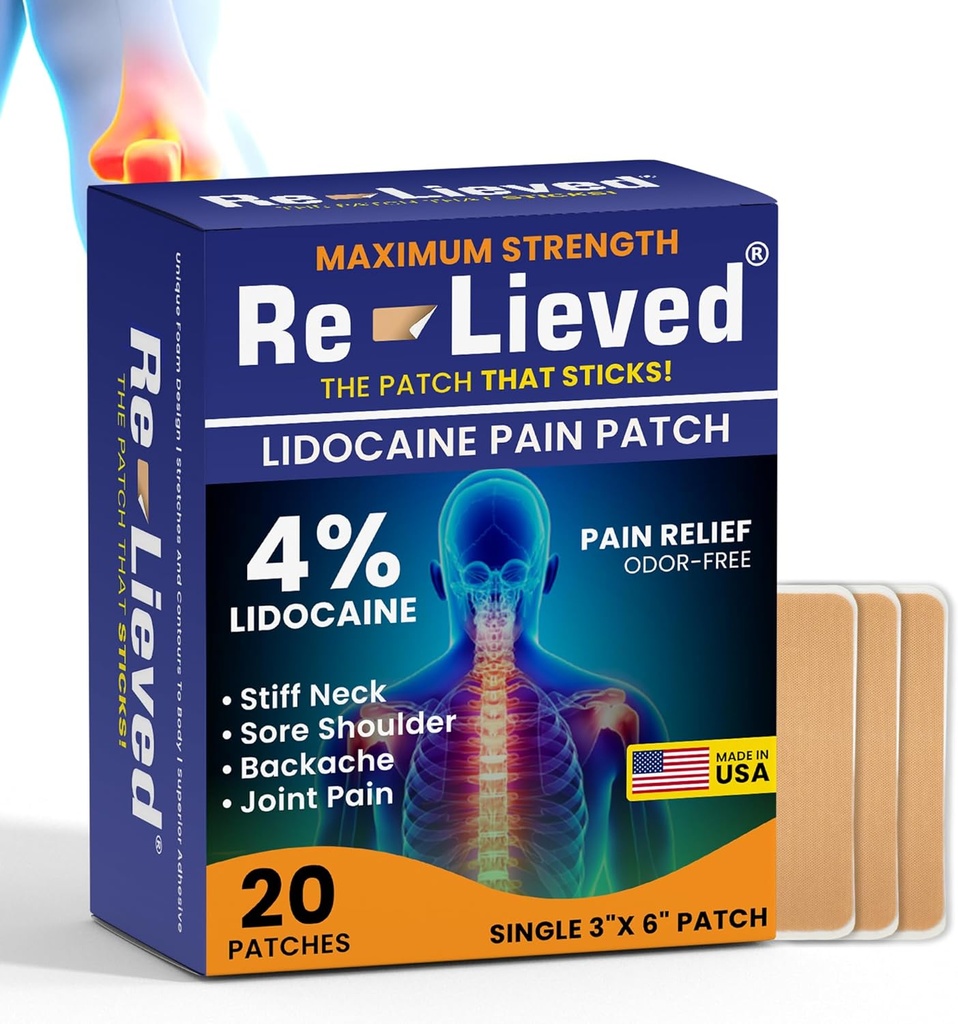 Re-Leved 4% Lidocaine Patches Maksimal styrke - Aluminium-fri, vannbestandig og USA laget -Superior Sticking smerte relief lapper raskt lindrer tilbake, leddene og muskel smerte-3x6 tommer (20 greve)