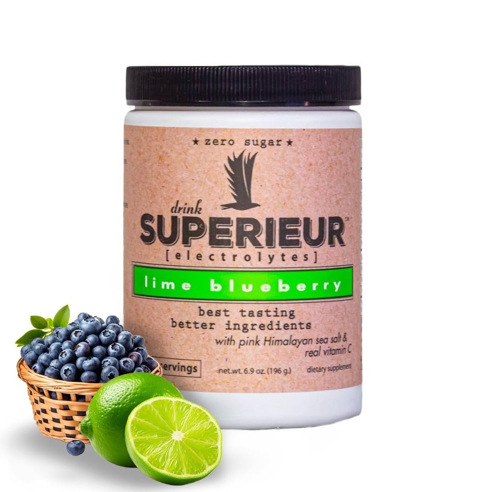 Superieur Electrolytes-Plant Basert Electrolyte Supplement w/Sea Minerals for Hydration & Recovery–Keto Vennlig, Non-GMO, Null Sukker, Vegan, Sunn Sports Drikkepulver–Lime Blåbær (70 Serveringer)