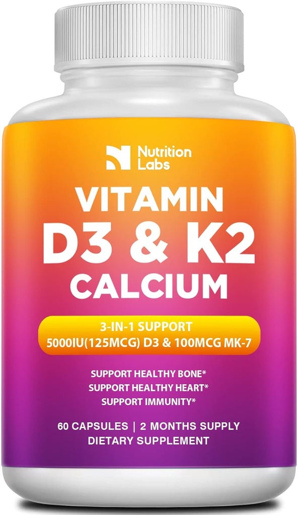 Vitamin D3 K2 5000 IU Supplement med kalsium, multivitaminer støtter immunhelse, sterke ben, teet og hjerte funksjoner med bioperin svart pepper frukt ekstrakt 60 greve (pakke av 1)