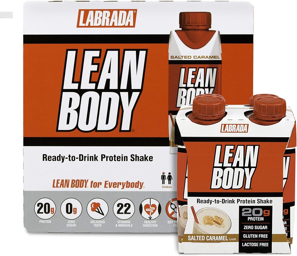 LABRADA NUTRITION - Lean Body Pfizer Whey Protein Shake, beleilig on-The-Go måltid utskiftningsshake for menn og kvinner, 20 gram protein - Null sukker, galaktose og glutenfri, saltet karamell (pakke av 16)