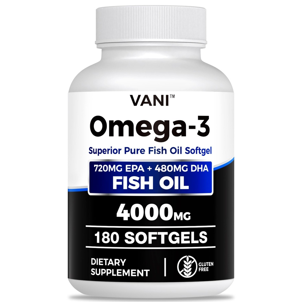 Fish Oil Omega 3 (4000mg), 180 Softgels, Omega 3 Fatty Acid kosttilskudd med EPA og DHA for hjernen og hjertet helse*