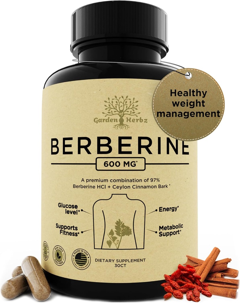 600 Mg Berberine Supplement – Berberine HCL & Ceylon Cinnamon Capsules for kvinner og menn – støtter sunn vektstyring og digestion