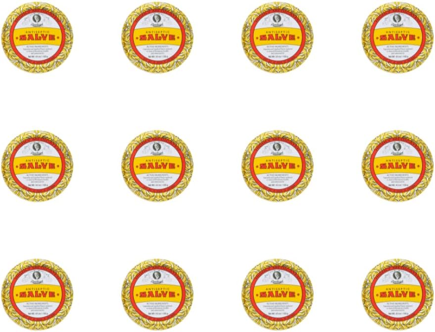 Rawleigh Antiseptic Salve Iconic Yellow Big Tin: 4.5 oz, Multi-Purpose Ointment Sootes Cuts, Bruises, Irritasjoner, med Turpentin, Phenol, Bomuldfrøolje og parafin, Original Formula - Pakke med 12