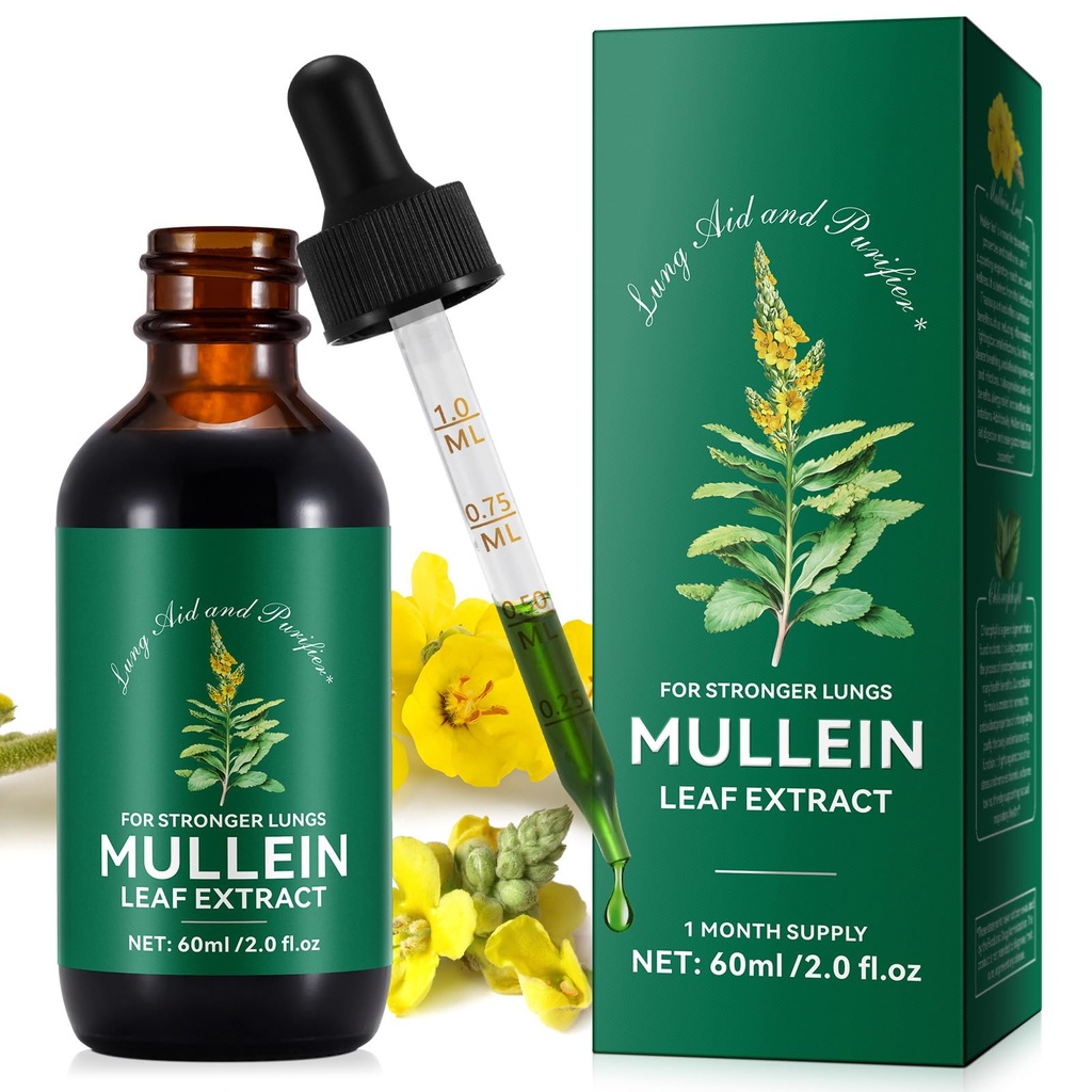Mullein Leaf Extract Drops-Organic flytende mullein Extract Supplement for Lungs Helse - Vegan, Ingen tilsetningerBronchial renser for helsestøtte