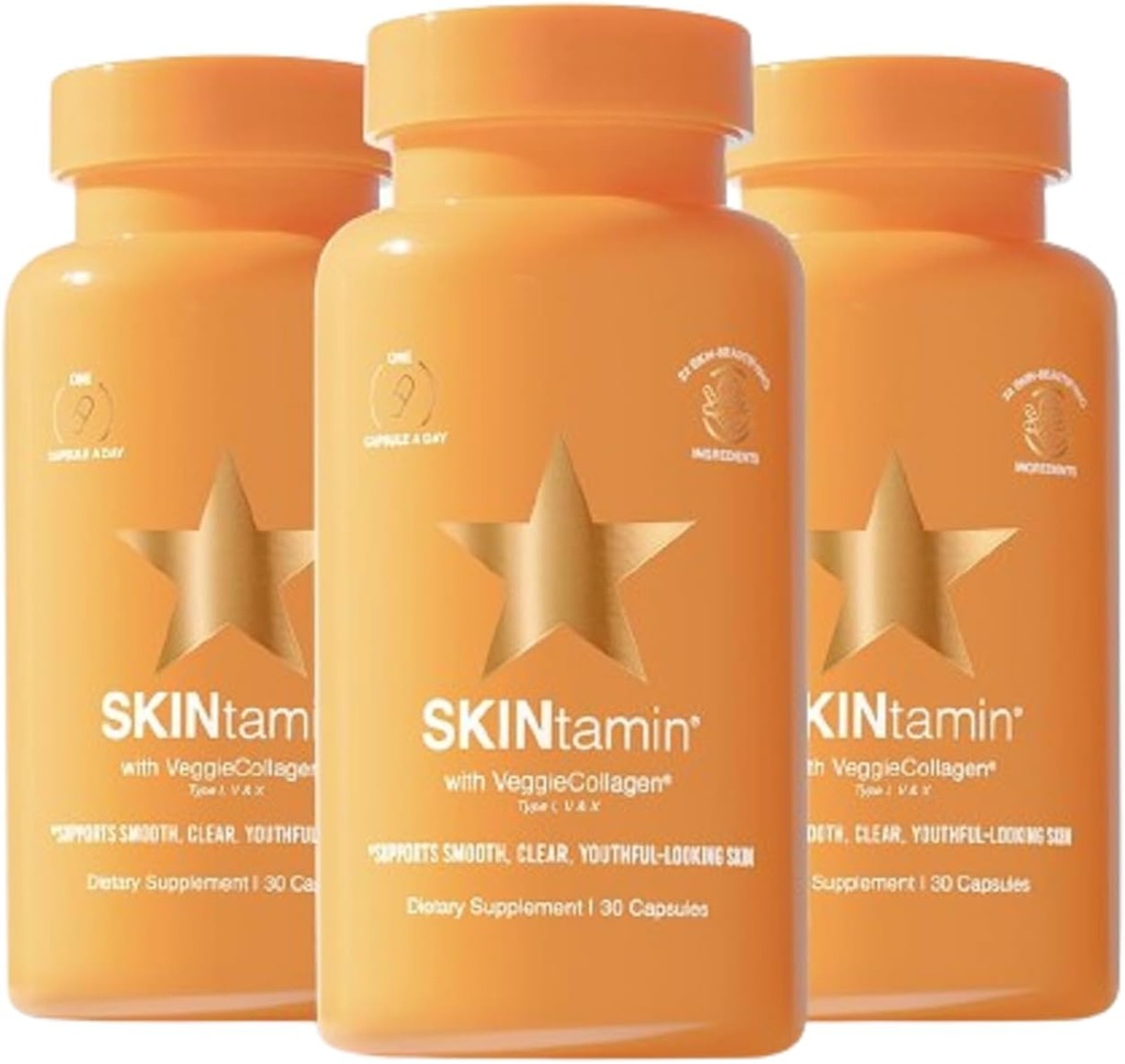 SKINTAMIN Vegetariske collagen piller | Beste collagen kosttilskudd for kvinner til å støtte hud firmhet og Wrinkles | Hud Supplement Formulerte til å bidra til å redusere Blemishes (30 greve (Pack of 3))
