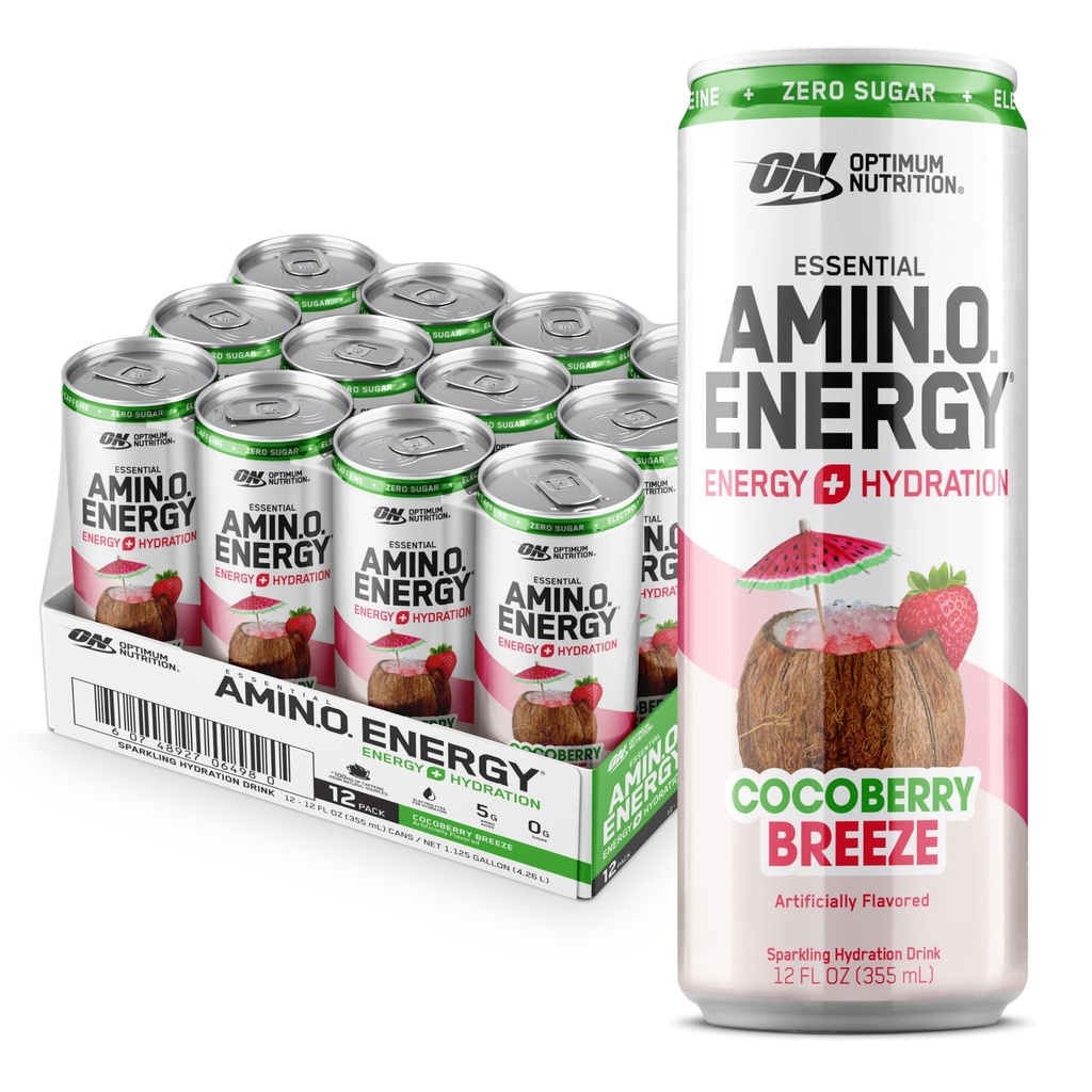 Optimum Ernæring Amino Energi Sparkling Hydration Drink, Elektrolyter, Koffein, Aminosyrer, BCAA, Sukkerfri, Kokosbær Breeze, 12 Fl Oz, 12 Pack (Packing May Vary)