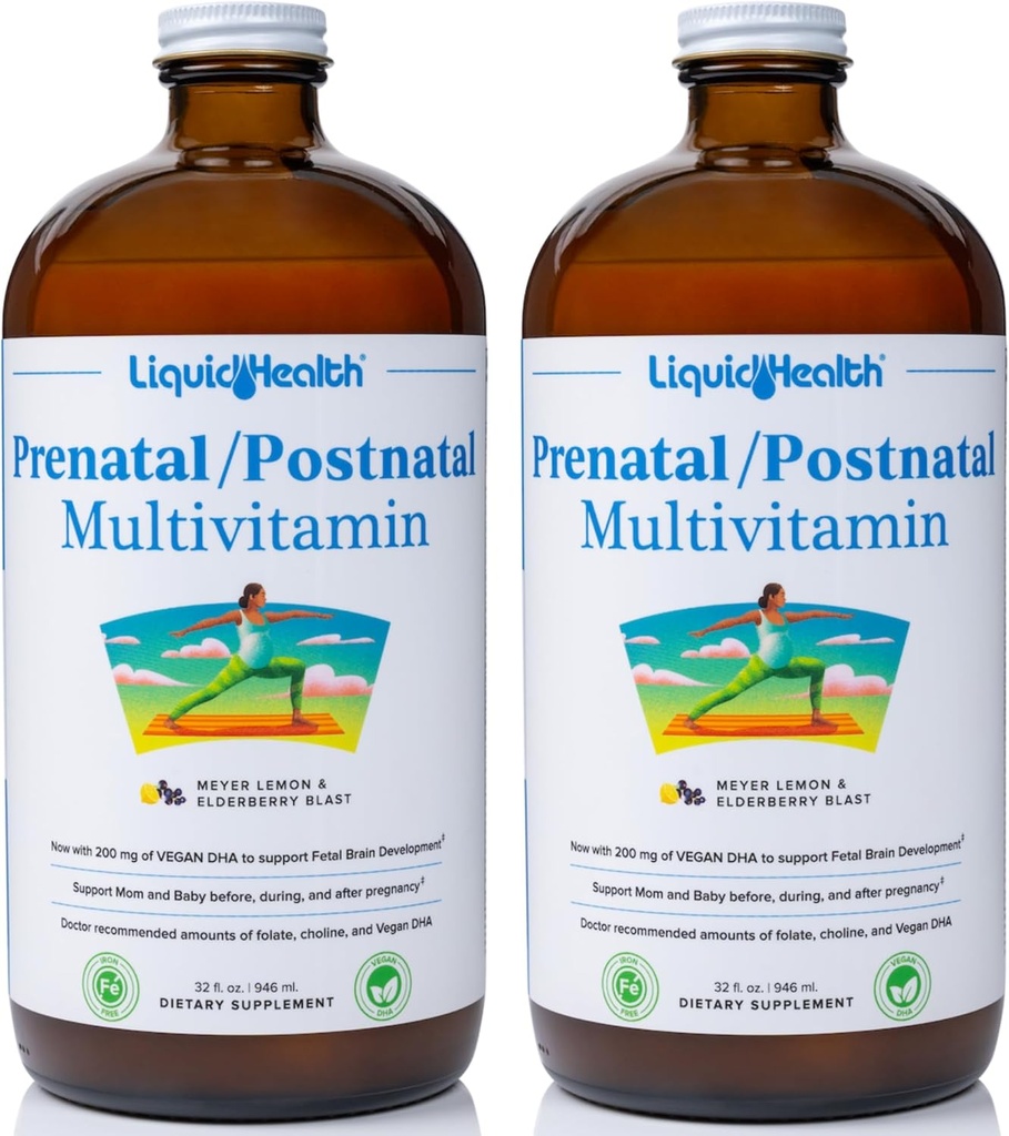 LIQUIDHEALTH Prenatal/Postatal Flere flytende kvinners multivitamin med ekte folat - Pre & postnatal vitaminer for før, under, etter graviditet - laget i USA, vegansk, sukkerfri, ikke-GMO (2-pakke)