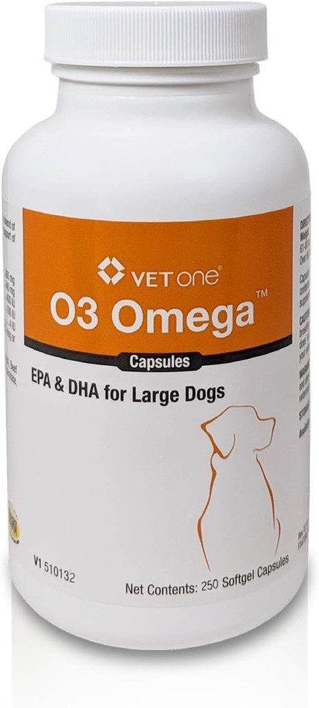 VetOne O3 Omega Soft Gel for store hunder - essensiell fettsyre støtte - Hud & Coat Supplement - 250 kapsler