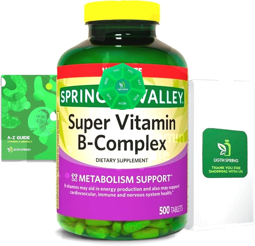 2 Pack- Light Spring Super B-Complex Tabletter - Vitamin B6, B12, C, Thiamin, Biotin - Glutenfri, komplett kosttilskudd med lys og spring guide - støtter energi og immunitet