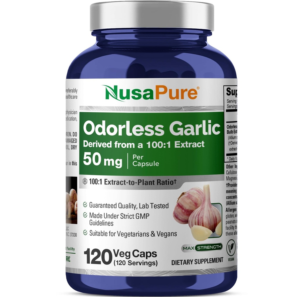 NusaPure Odorless hvitløk 100:1 Ekstrakt, 50 mg Tilsvarende til 5000 mg Capsule | 120 Veggie Caps | høy styrke | Herbal Supplement | Ikke-GMO