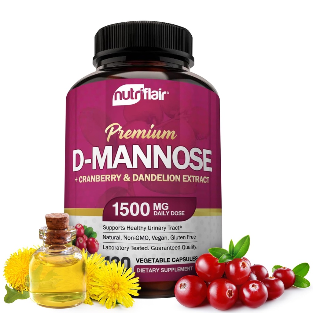 NutriFlair D-Mannose 1200mg, 120 kapsler - med Cranberry og Dandelion Extract - Natural Urin Tract Health UTI Support - Best D Mannose pulver - Flush Irritasjon, Detox kroppen, for kvinner og menn