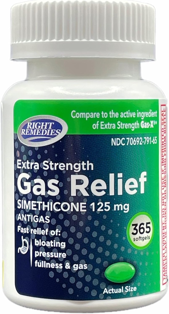 Gass lindring ekstra styrke, 125 mg simetikon (365 mykgels), rask relief fra gass, utblåsing, fullhet, smertefullt ubehag, sammenlikn med Gas-X Extra styrke aktiv ingredient