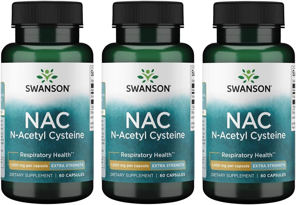 Swanson NAC N-Acetyl Cysteine - Antioksidant Anti-Aging Respiratorisk lever støtte - Aminosyre Supplement 1000 mg 60 kapsler (3 pakke)