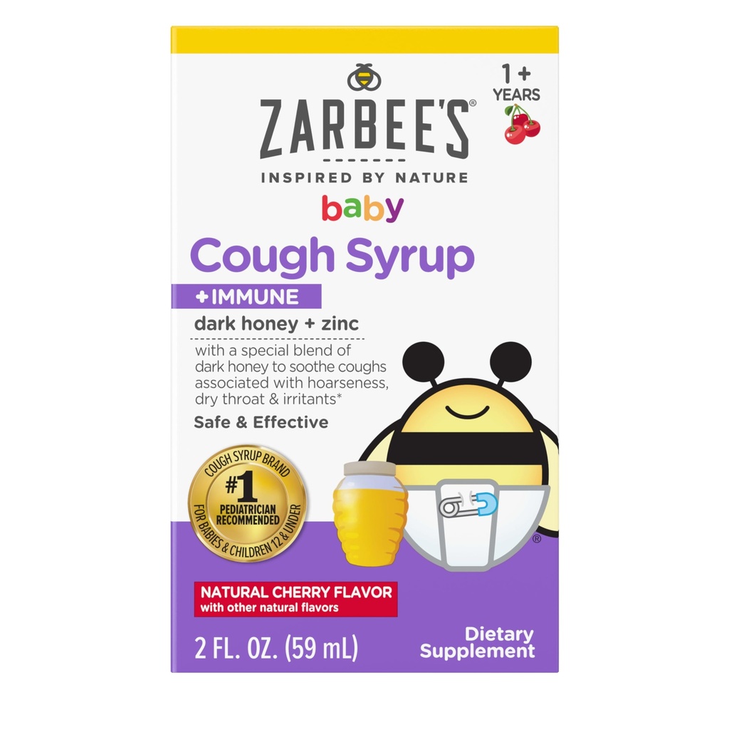 Zarbee baby honning Cough Syrup + Immune for babyer 12-24 måneder, sikker og effektiv Cough Syrup med beroligende mørk honning og sink for immunstøtte*, narkotika og alkohol-fri, Cherry, 2 fl oz