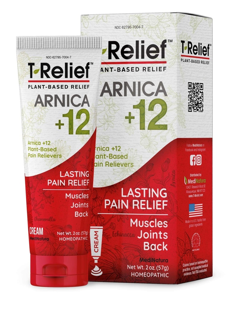 T-Relief Arnica + 12 krem naturlig lindring aktivs for ryggsmerter felles sorg muskelsmerter og stivhet hele kroppen raskt å gjøre relief for kvinner og menn - 2 oz
