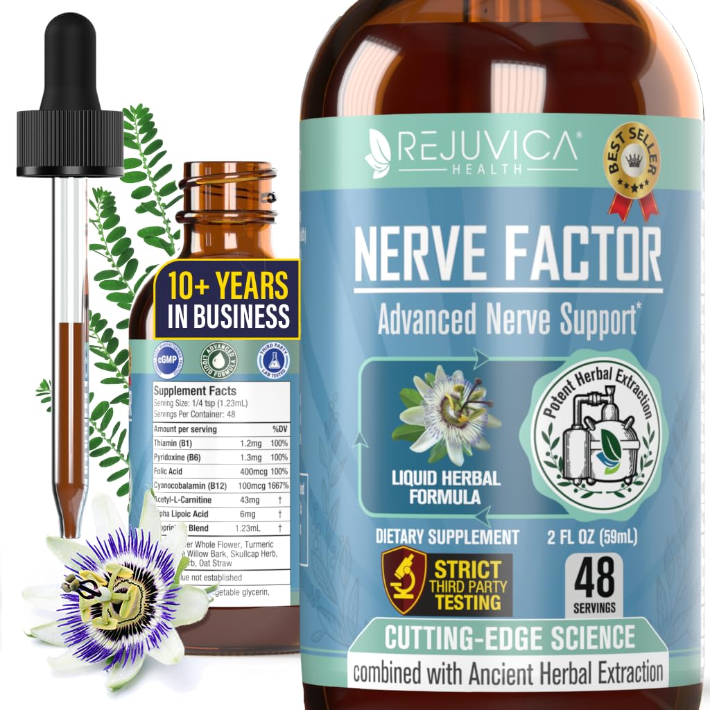 Rejuvica Health NerveFactor - Avansert Nerve Støtte Supplement - Flytende levering for bedre absorpsjon - Acetyl-L-Carnitine, Alpha Lipoic Acid, Vitamin B12, Folinsyre, Hvit Willow Bark & mer!