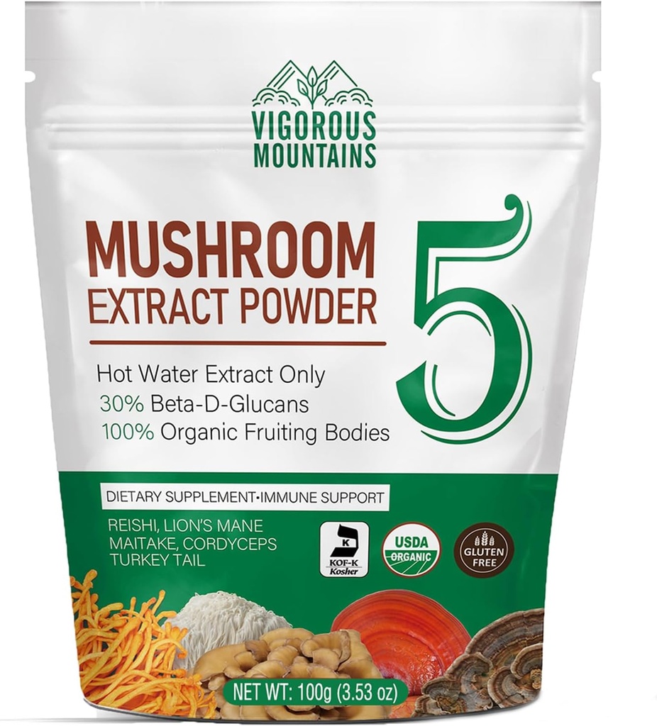 VIGOROUS MOUNTAINS Organic Mushroom Powder Supplement - USDA Certified, Lions Mane & Reishi For Immune Support, Brain Focus, Vegansk, Blander umiddelbart i kaffe og smoothies (100g)