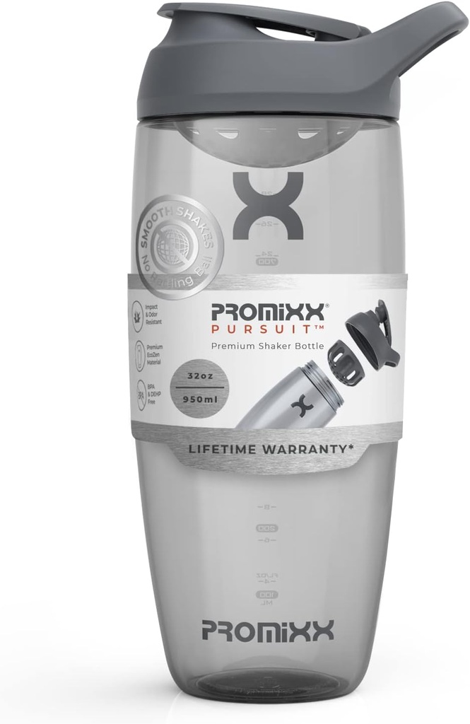 Promixx Pursuit Protein Shaker flaske (32 oz) – Silent No-Ball Mixer, Leak-Proof Lid, BPA/BPS & Phthalate-fri ECOZEN – Easy-Clean Shaker Cup for Protein Shakes, Pre & Post Workout Smoothies