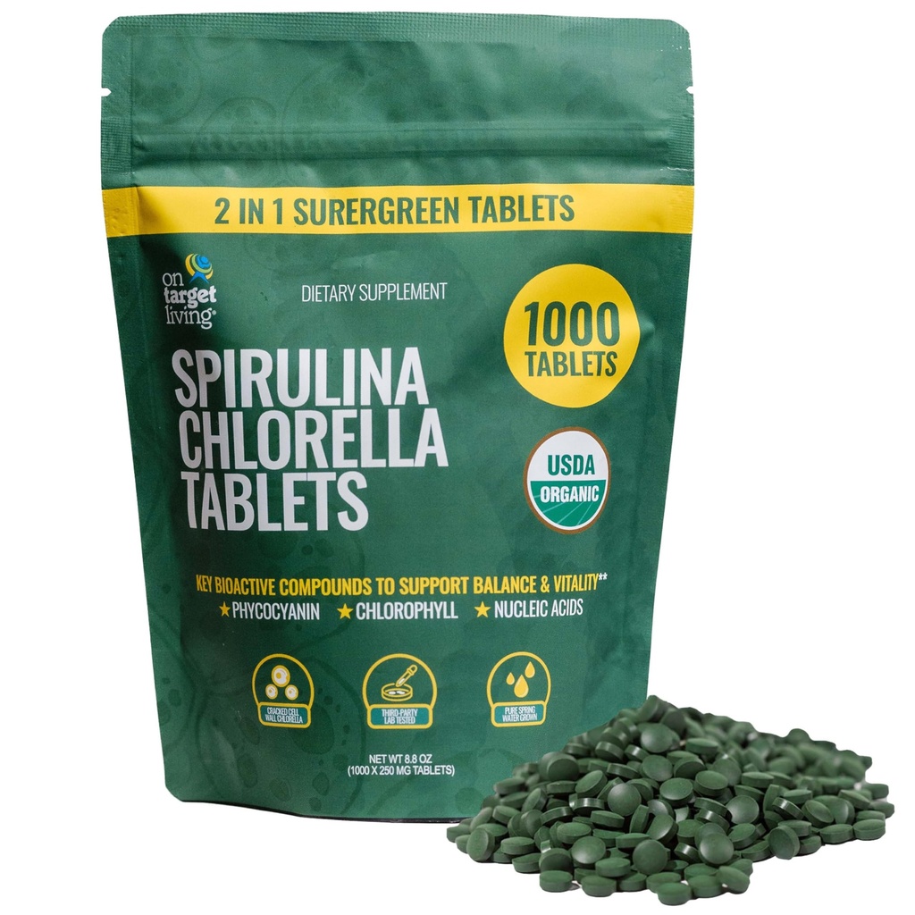 På Target Living Organic Spirulina Chlorella | Supergreens | USDA Organic | 1000 Tabletter - 250 G (8,8 oz) | Vegansk immunstøtte | Alkalyzing | Næringsmiddel Dense | Protein Sense