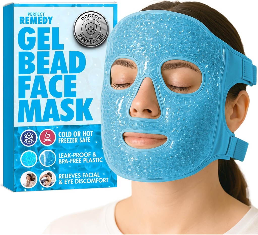 Perfect Remedy Face Ice Pack, Reusable Hot & Cold Ice Face Mask, Gel Compress for å hjelpe med puffy øyne og hjelpe i betingelser for svimmelhet, ansikts spa kjølemaske for kvinner og menn (blå)