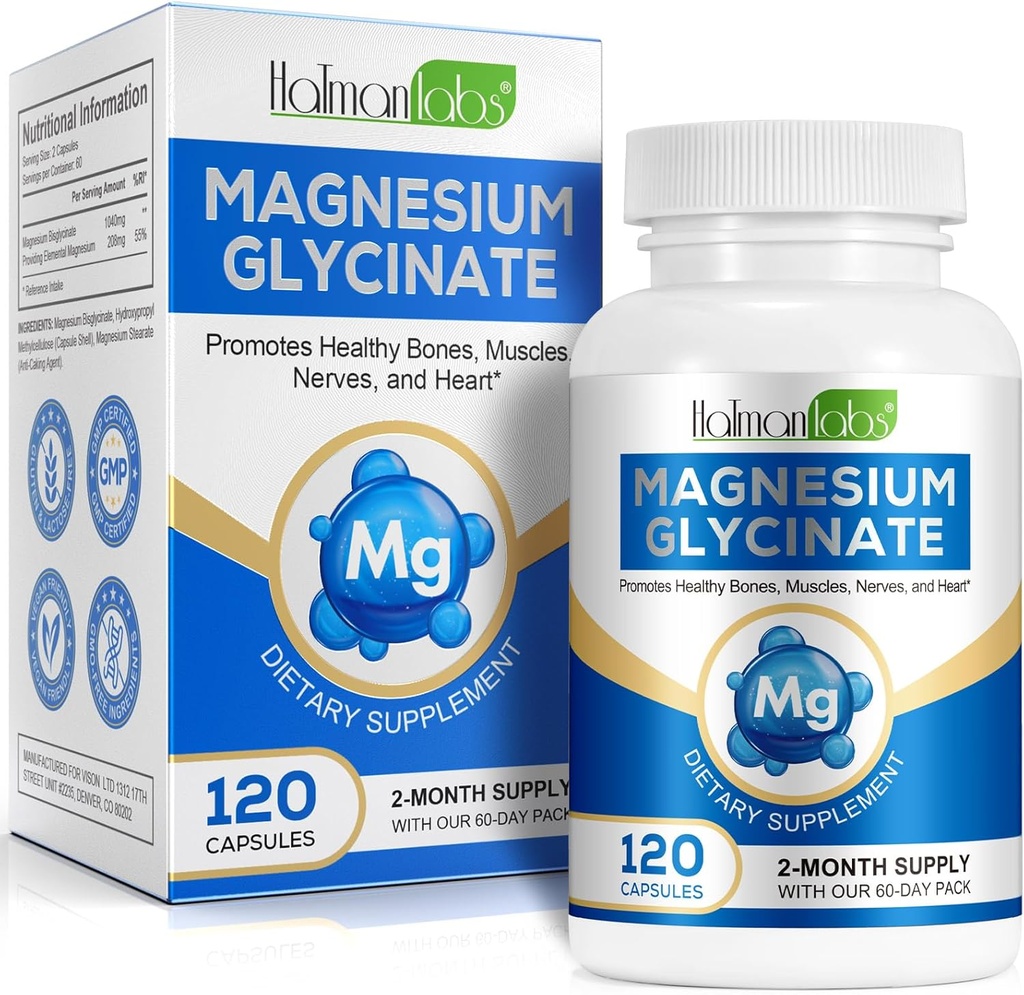Pure Magnesium Glycinat, høy absorpsjon Magnesium, Magnesium Supplement støtter ben, muskel, nerve, bein helse, 120 Magnesium Glycinat Kapsler