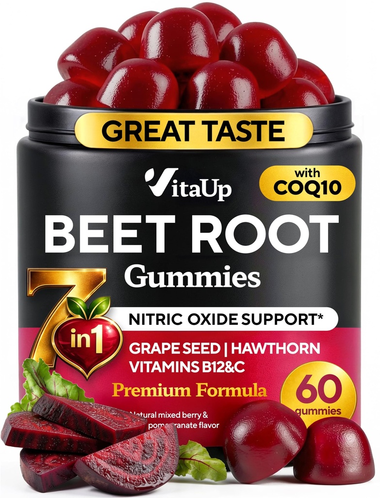 Beet Root Gummies – Beet Gummies – Røde Beets Kosttilskudd med Beetroot, Grapefrø, Coq10, Vitamin C & B12 – 60 Beet Chews