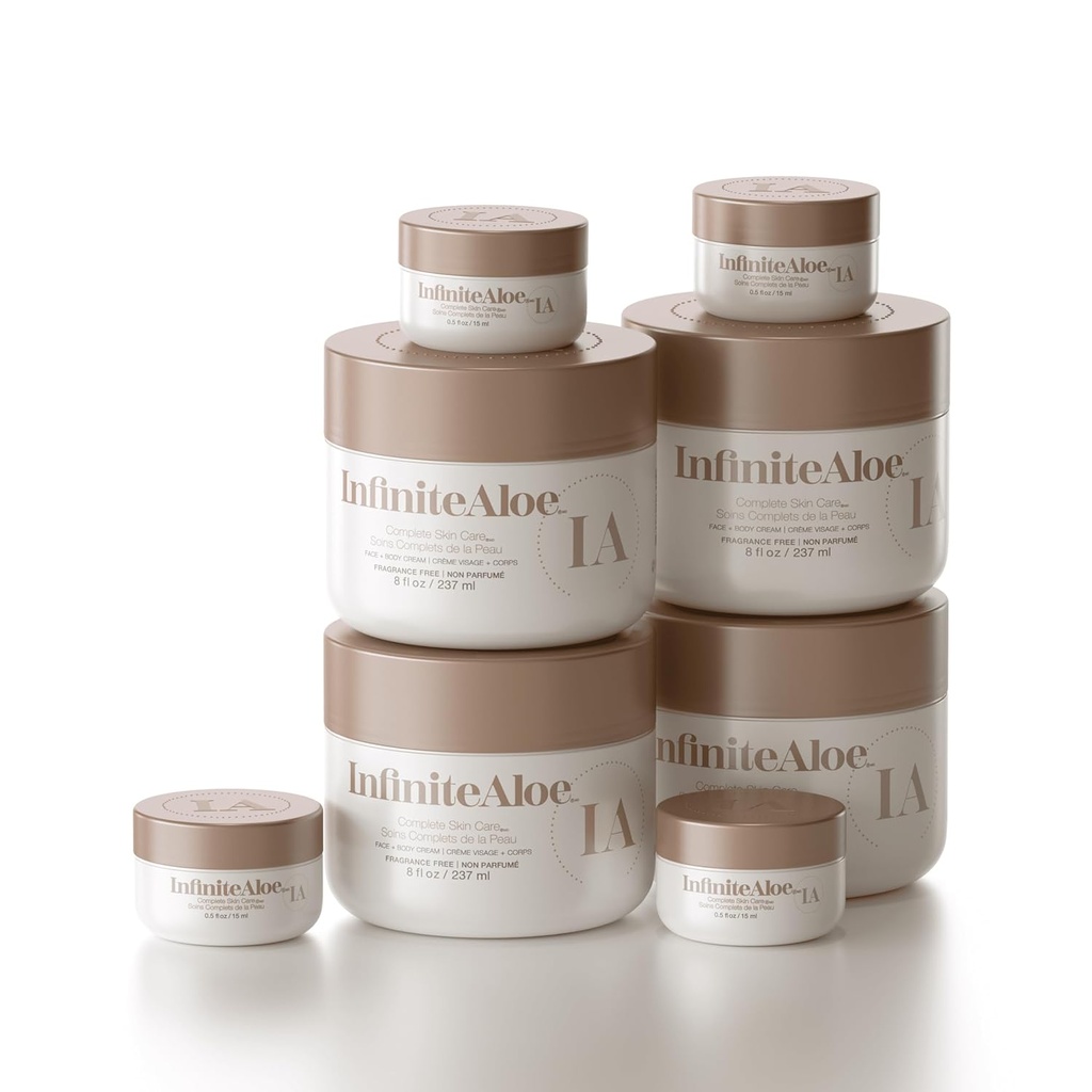 InfiniteAloe Komplett hudpleie, Aloe Vera drevet ansikt og kroppskrem for tørr hud relief, fragrance gratis - 4 store Jar 8 oz & 4 reise Jar 0,5 oz