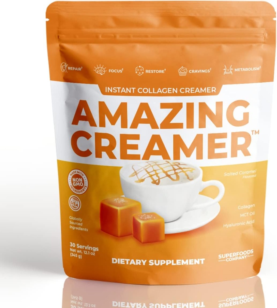 Superfoods Company Amazing Creamer med kollagen - Keto Creamer-Hyaluronic Acid & MCT olje - Brain Boost & Curbs Cravings - støtter sunn hud og hår - Diett-vennlig [30 Services] [Salted Caramel]