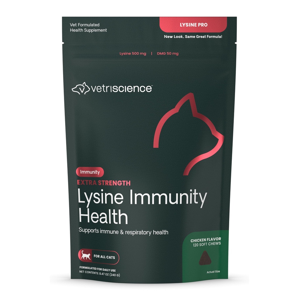 VETRISCIENCE Ekstra styrke Lysin immunitet Helse Chews - immunitetstillegg for katter i alle aldre - støtter immunfunksjon, øyehelse og kardiovaskulær funksjon - 120 teller