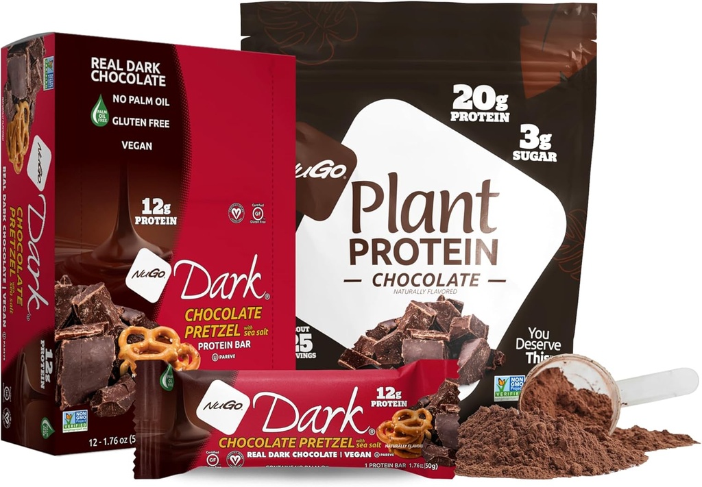 NuGo mørk sjokolade pretzel w/SS, 12g vegansk protein, glutenfri, Kosher pareve, ikke-GMO, 12 greve og NuGo plante protein pulver, sjokolade, 20g protein, 3g sukker, 25 serveringer