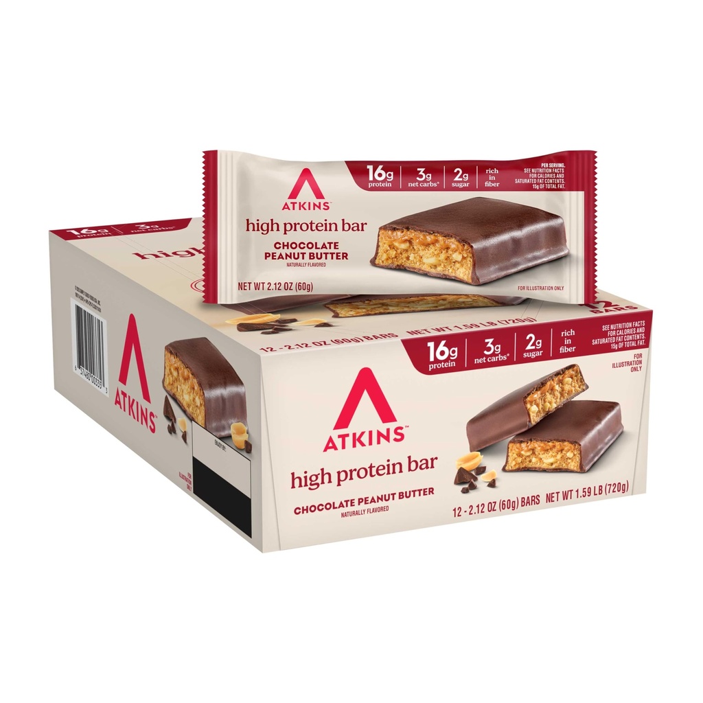 Atkins Sjokolade Peanut Smør Protein Måltid Bar, Høy Fiber, 16g Protein, Lavt sukker, 3g Netkarbohydrater, Lavkarbohydrater, Keto Vennlig, 12 greve