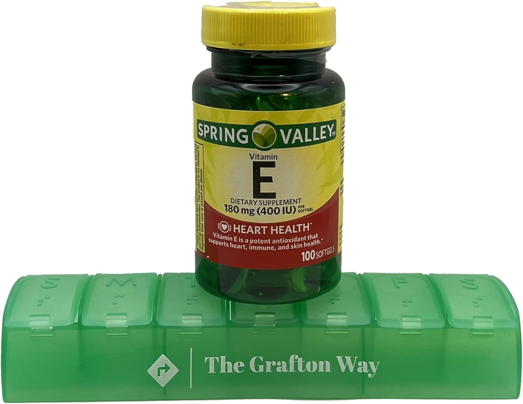 Spring Valley Vitamin E kosttilskudd, 180 mg, 100 greve med komplett Grafton Way Pill Organizer