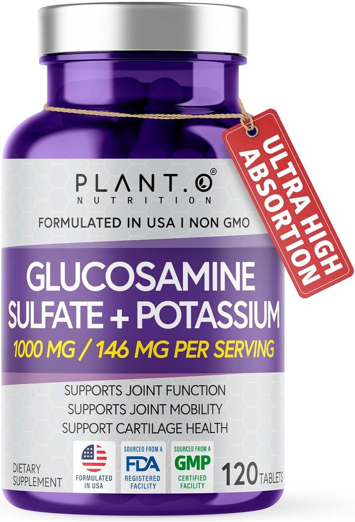 Glukosaminsulfat med kalium | Sterk felles støtte Supplement | Støtter Cartilage og Connective Vessues | Aids Knee og Bone struktur | 120 tabletter