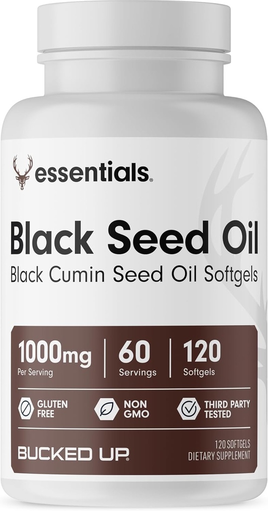Bucked opp svart frøolje 1000mg Per servering (svart cumin frøolje) Essentials (60 serveringer, 120 Softgels)