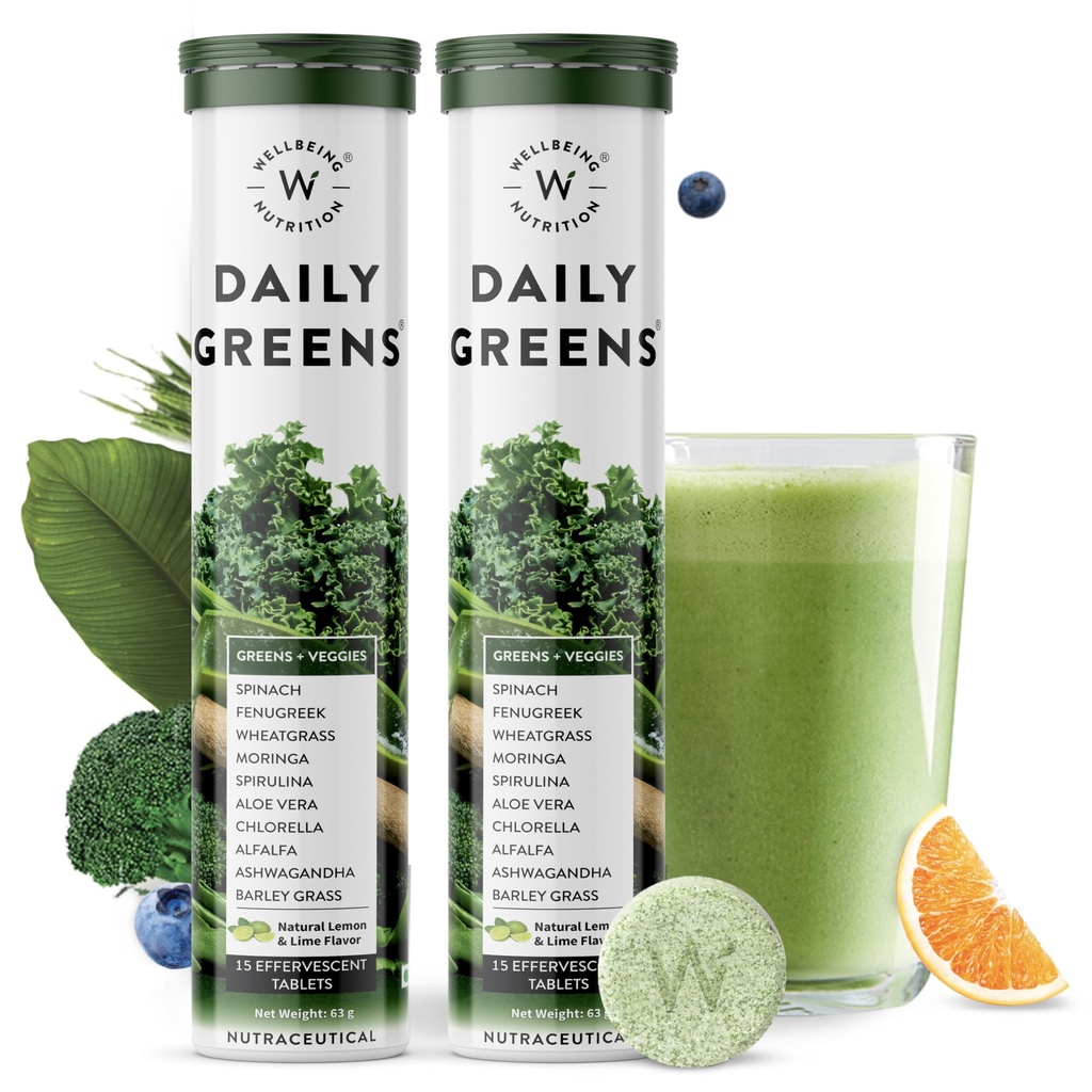 WELLBEING NUTRITION Daily Greens, Helfood Multivitamin med vitamin C, sink, B6, B12 for immunisme og detox med 39+ organisk sertifisert plante supermat og antioksidanter(15Tabs x 2) (63 g (pakke med 2))