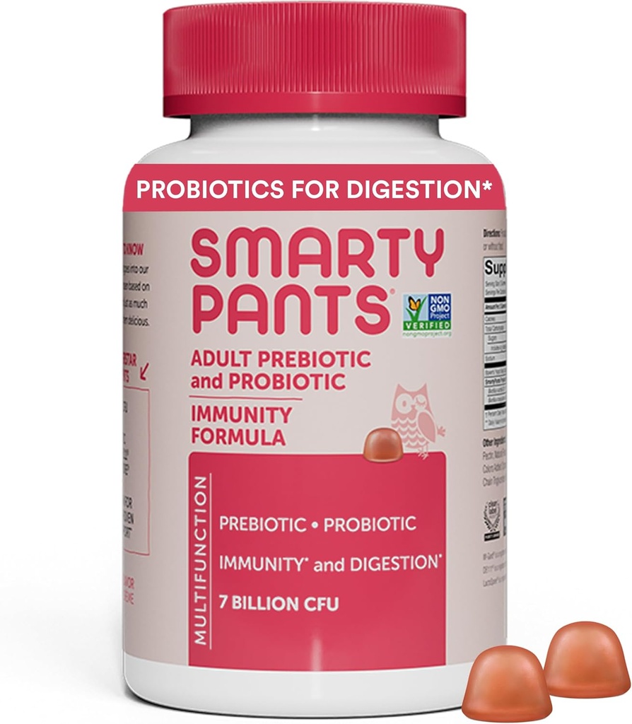 SmartyPants Adult Probiotic & Prebiotic Gummies for Digestive Health: Gut Helse Supplement, klinisk studert prebiotiske for immunstøtte, Jordbær, 60 greve (30 dagers forsyning)