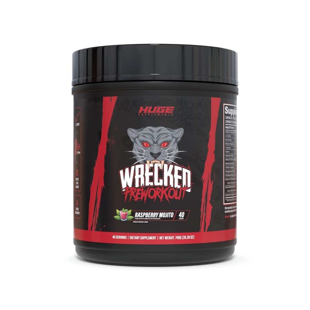 Wrecked Pre Workout, Avansert formel, Økt energi, Fokus, Pumper og ytelse, 10g L-Citrulline, 6,4g Beta Alanine, 5g Tyrosin, 1g Alpha GPC, 375mg Fast-Atferd Kaffe og mer