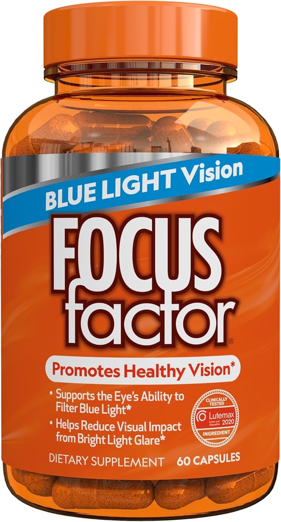 Focus Factor Blått lys Formula (60 greve) - Øyevitaminer med blått lys Filtrasjonsstøtte - Lutein og Zeaxanthin Supplement med vitamin C, vitamin E, Lutemax 2020® - Fremme øyehelse