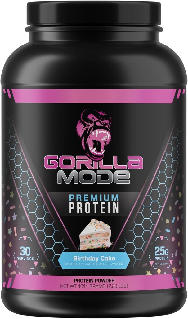 Gorilla Mind Premium Whey Protein - Bursdagskake, 25 gram Whey Protein Isolere & Konsentrasjon, gjenopprette og bygge muskler (30 Services)