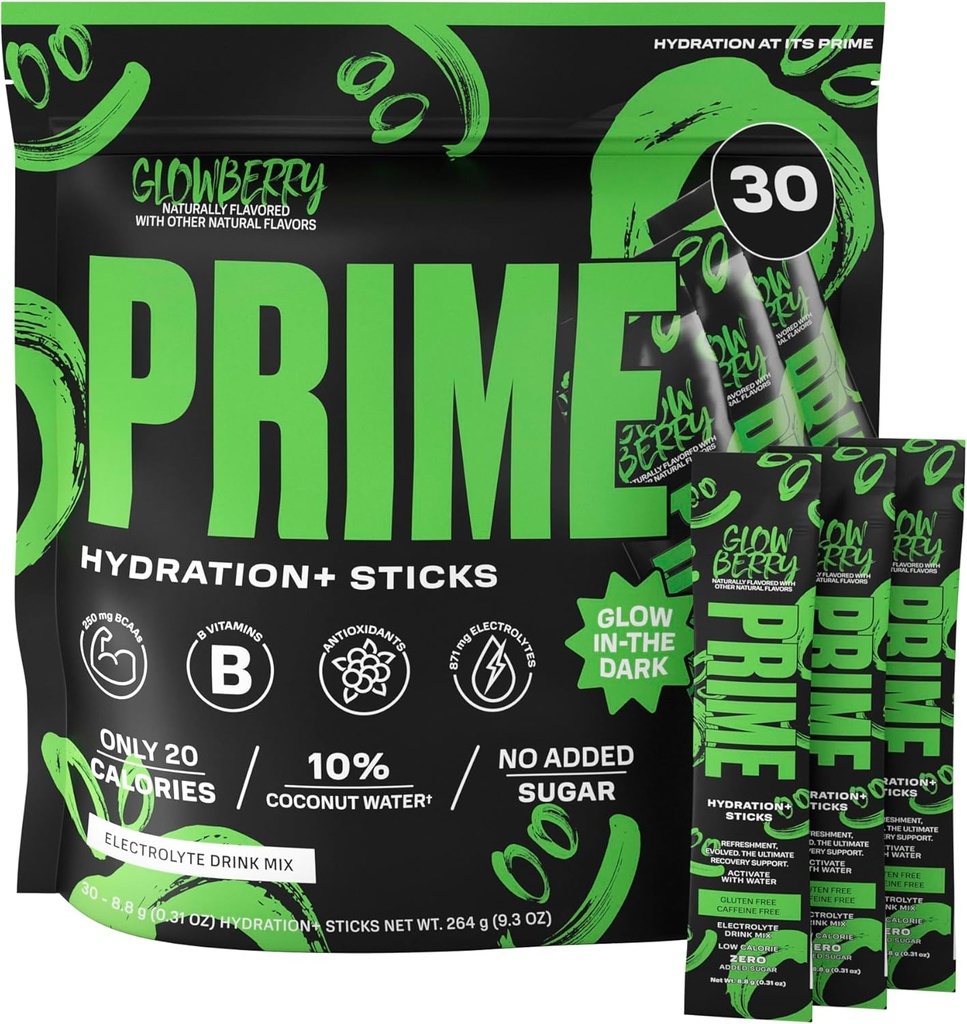 PRIME HYDRATION+ Pinner GLOWBERRY  meget salt pulver enkelt servere pinner | Electrolyte pulver på farten | lav sukker | koffeinfri | Vegan | 30 pinner