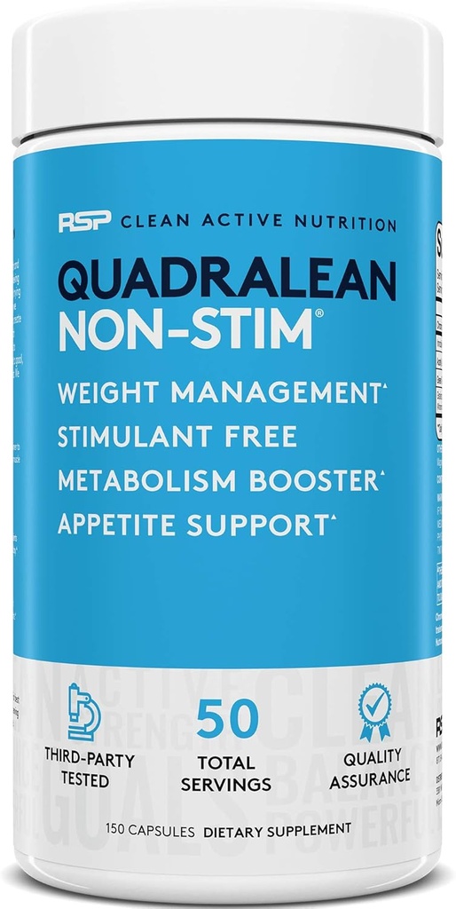 RSP Nutrition QuadraLean - Stimulant Gratis vektkontroll, Metabolisme Booster, Energi & Appetite Support - CLA, L-karnitin, Grønn Te Ekstrakt, Non-Stim Formula, 50 Serv (Packing May Vary)