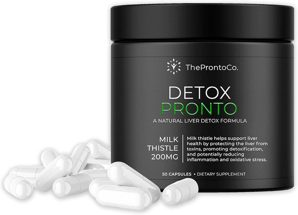 Pronto Liver Detox Supplement - Melk Thistle Extract 200 mg, Liver Cleanse & Support piller, Detox Formula for lever helse, 50 kapsler