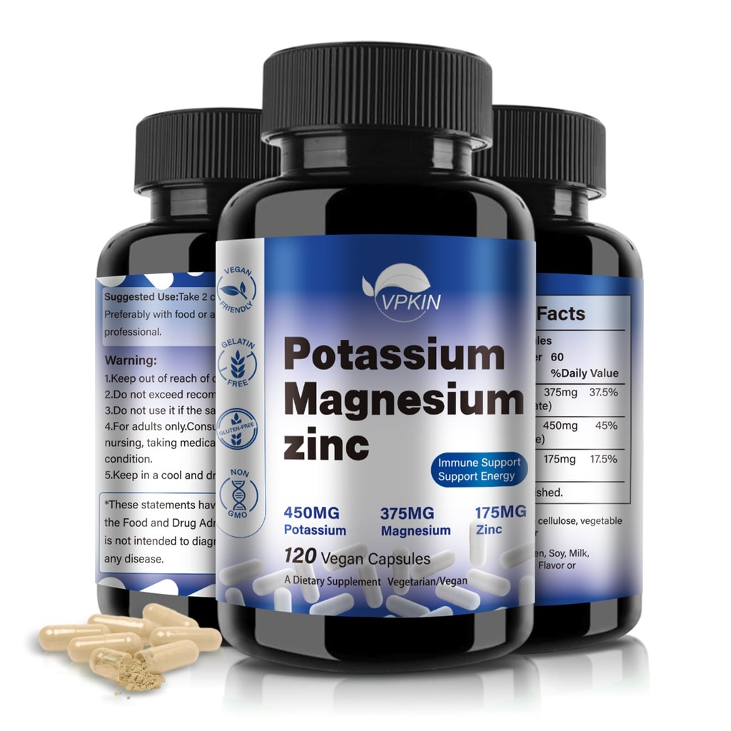Kalium Magnesium Supplement 1000 mg, Magnesium Kalium Sink Aspartat Støtte Vaskulær, Bein, Hjerte, Muskel og Nerve Helse, Ikke-GMO, Vegan, (120 Kapsler)