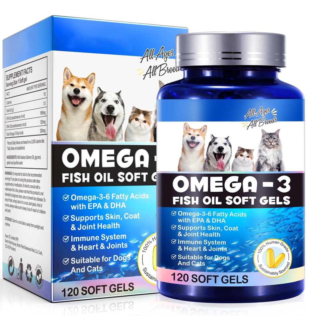 Omega-3 fiskeolje for hunder, Omega 3 fiskeolje med EPA & DHA støtter hunder sesongmessige allergier lindring, øker immunfunksjon, kløende hud relief og fremme coat helse, kjæledyr kosttilskudd - 120 myke geler