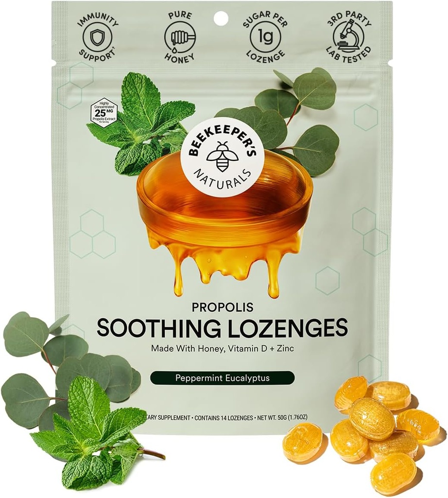 Beekeeper 's Naturals Soothing Mint Eucalyptus Cough Drops, Immun støtte med vitamin D, sink og propolis, kjøling og throat Soothing Lozenges, 14 Ct