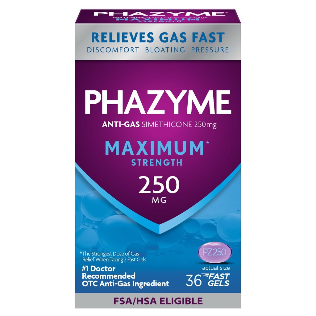Phazyme Maksimum* Styrke Anti-Gas 250 mg Simetikon Gass Relief for voksne, Fast Gels raskt Ease Bleating, Trykk & Discomfort, 36 Count