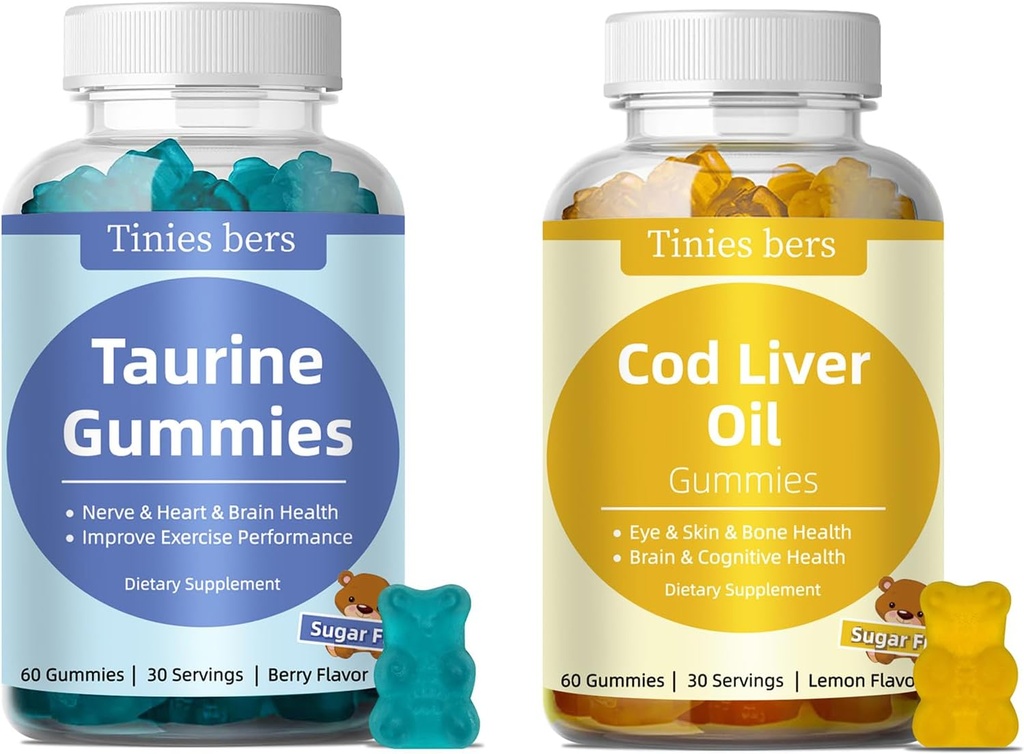 Taurin Gummies 1000mg, Cod Liver Oil Gummies 1000mg, Sukker Gratis for voksne og barn, Aminosyrer, Omega-3s og vitamin A&D for kognitiv, hjerte og øye helse, Økt immun